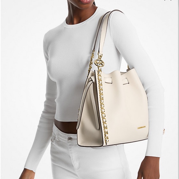 Michael Kors Mina Large Chain Shoulder Bag Tote Light Cream - Picture 3 of 11